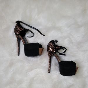 Black and bronze peep toe heels